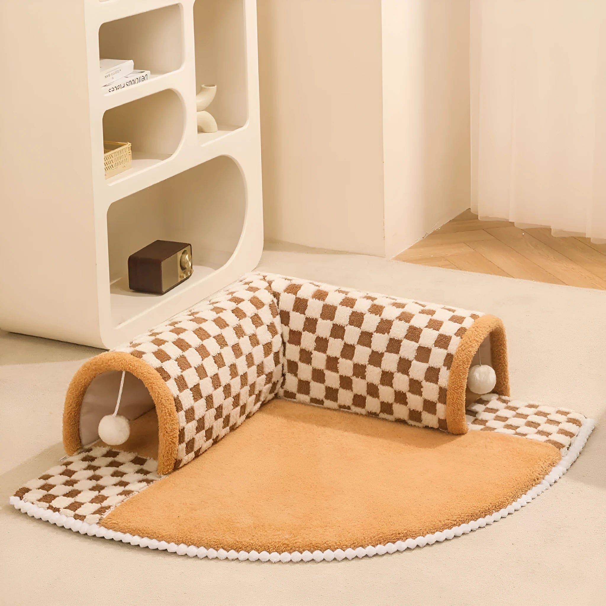 XL size coffee and yellow plush 2-in-1 pet bed with integrated tunnel for cats and dogs