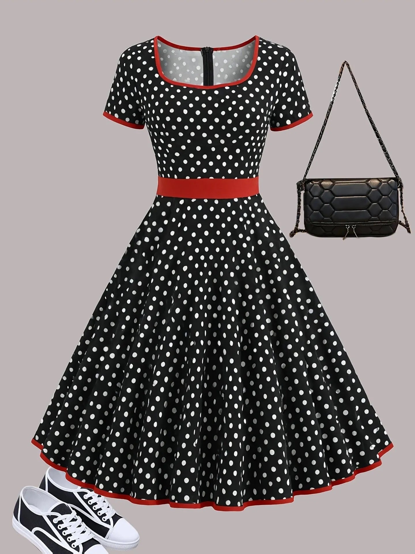 Women's multicolor polka dot dress with square collar, front zipper, and pleated skirt