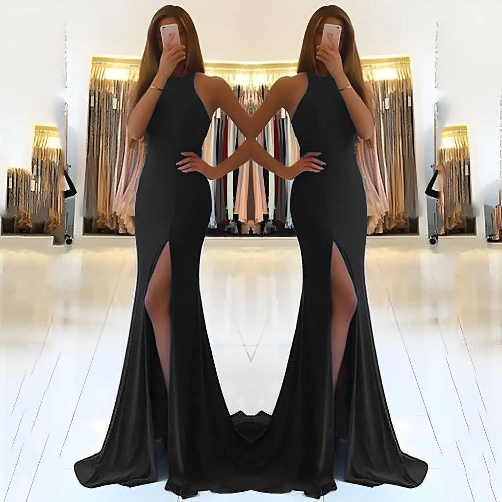 Long red knitted evening dress with hollow design elements and large swing skirt