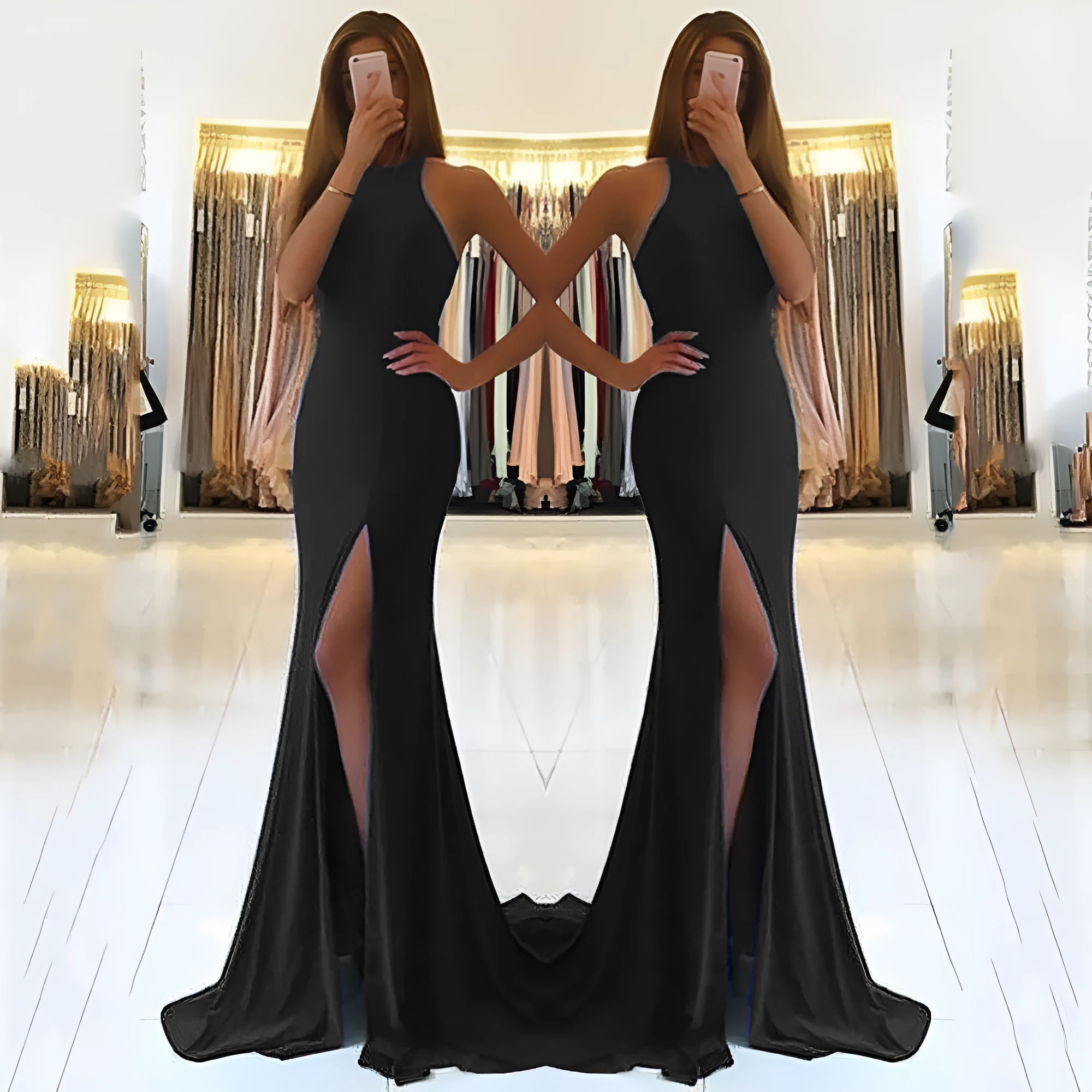 Long red knitted evening dress with hollow design elements and large swing skirt