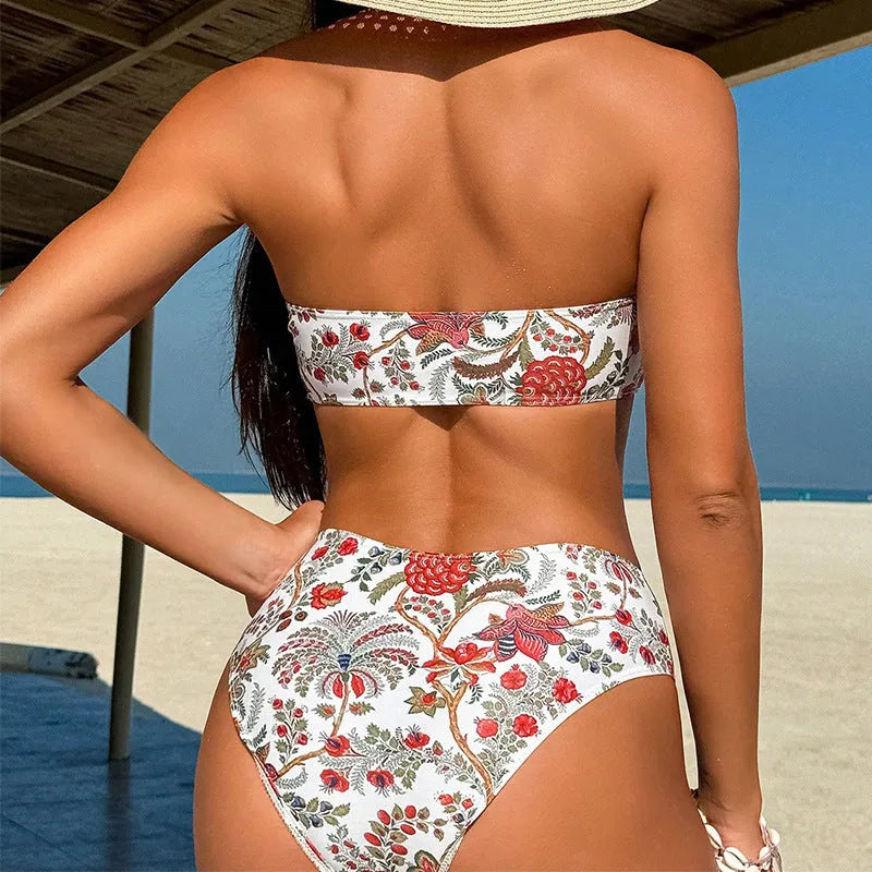 Women's printed bandeau swimsuit with matching triangle shorts on mannequin