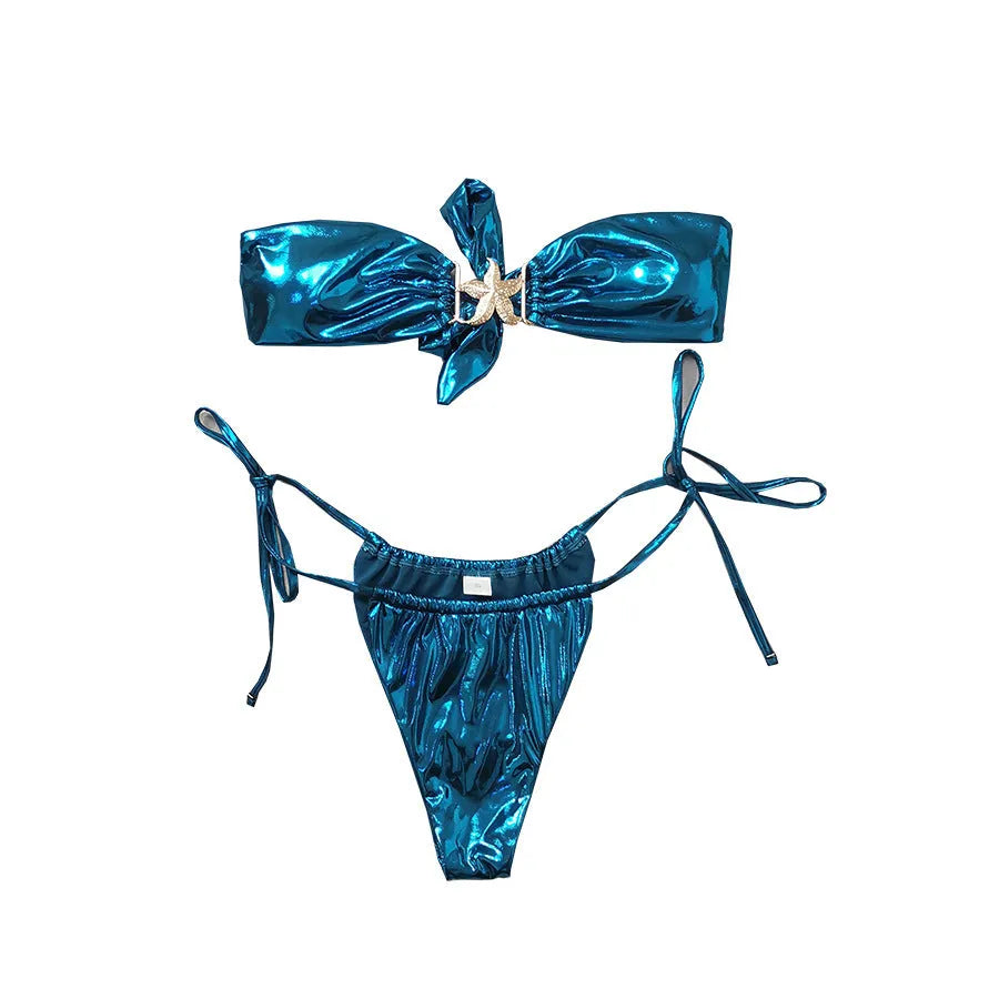 Women's glossy tube top split bikini with gold starfish print in sapphire blue colour