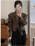 Women's black retro imitation leather coat jacket with slim fit and pocket detail