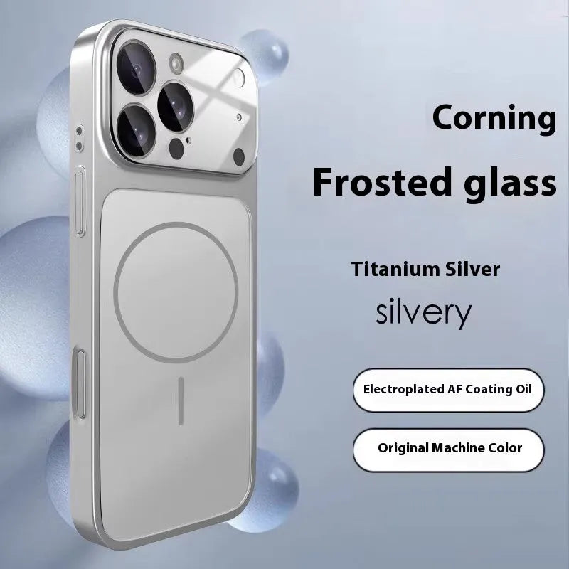 Black tempered glass iPhone case with frosted anti-fingerprint finish and magnetic back.