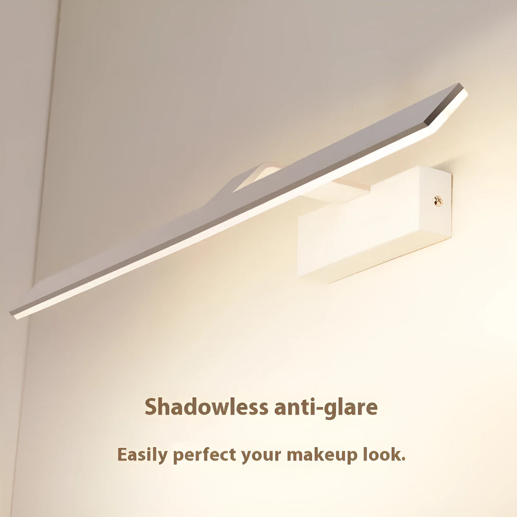 White rectangular LED bathroom mirror headlight with integrated lighting above vanity