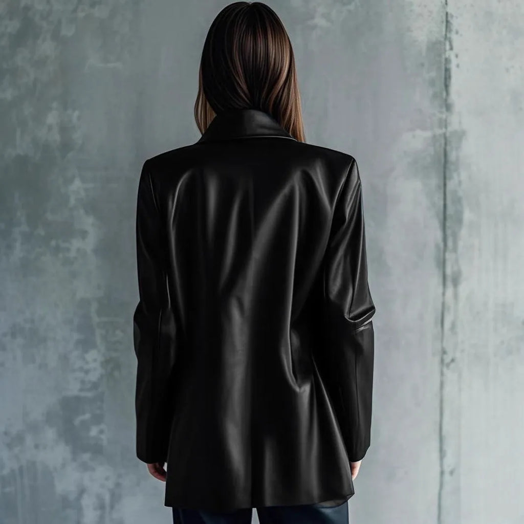 Women's black polyester leather-style jacket with long sleeves and medium length