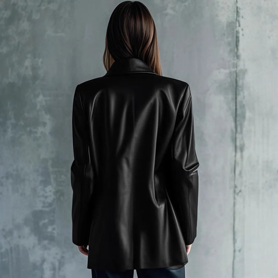 Women's black polyester leather-style jacket with long sleeves and medium length