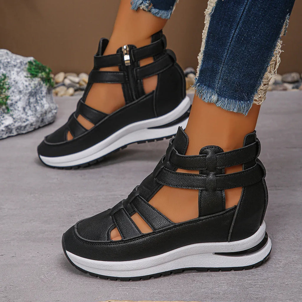 Black women's close-toed platform sandals with hollow-out design and Velcro strap
