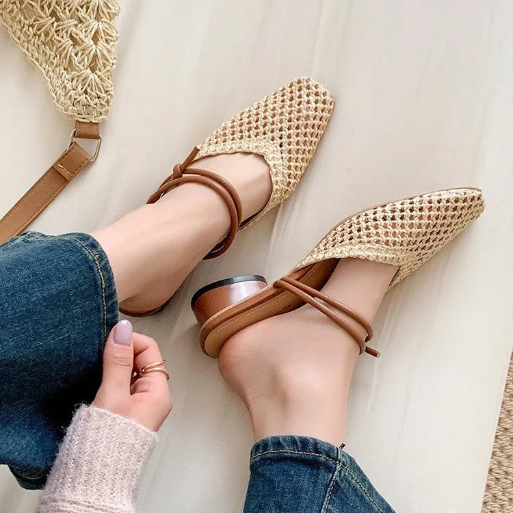 Women's square toe casual slippers with retro thick heel and hollow-out breathable design