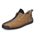Men's black leather zip-up Martin boots with hand-stitched detail and a round toe.