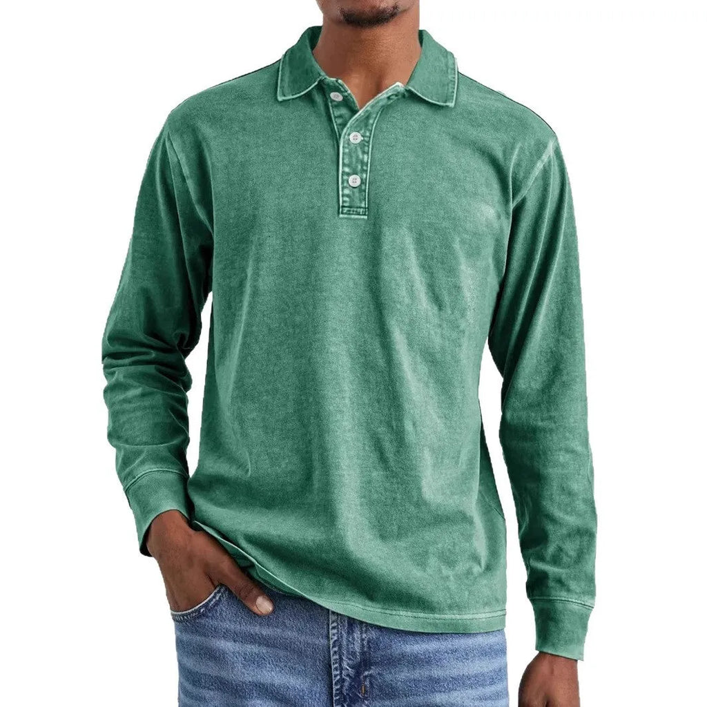 Men's retro washed distressed cotton lapel polo shirt in Army Green colour showing long sleeves and pointed collar