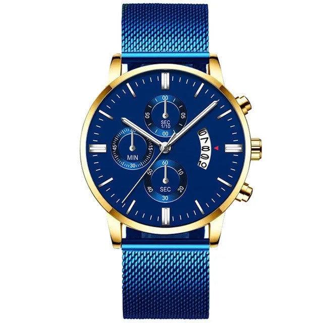 Mens stainless steel quartz watch with mesh band in two-tone colour options.
