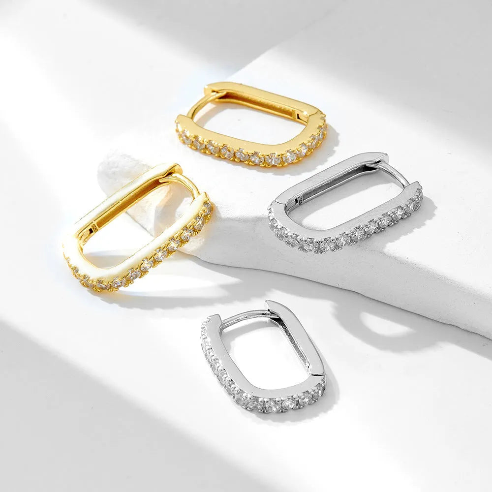 S925 sterling silver oval zircon ear clip earrings with geometric design in white gold tone