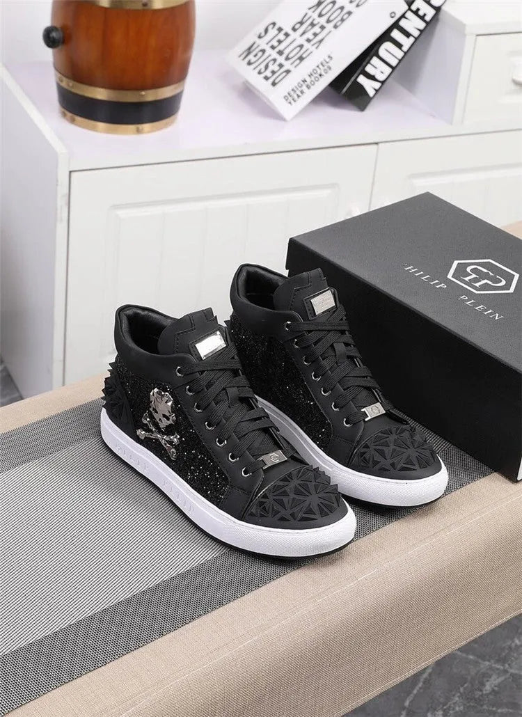 Men's black genuine leather high top skeleton shoes with lace-up closure and rubber sole