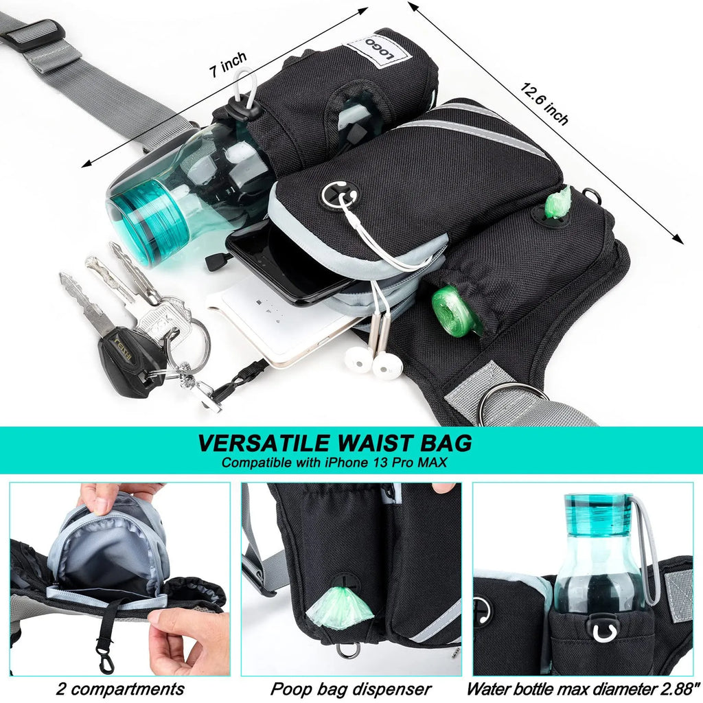 Black nylon outdoor pet training bag set with waist bag, dog leash, and collar components