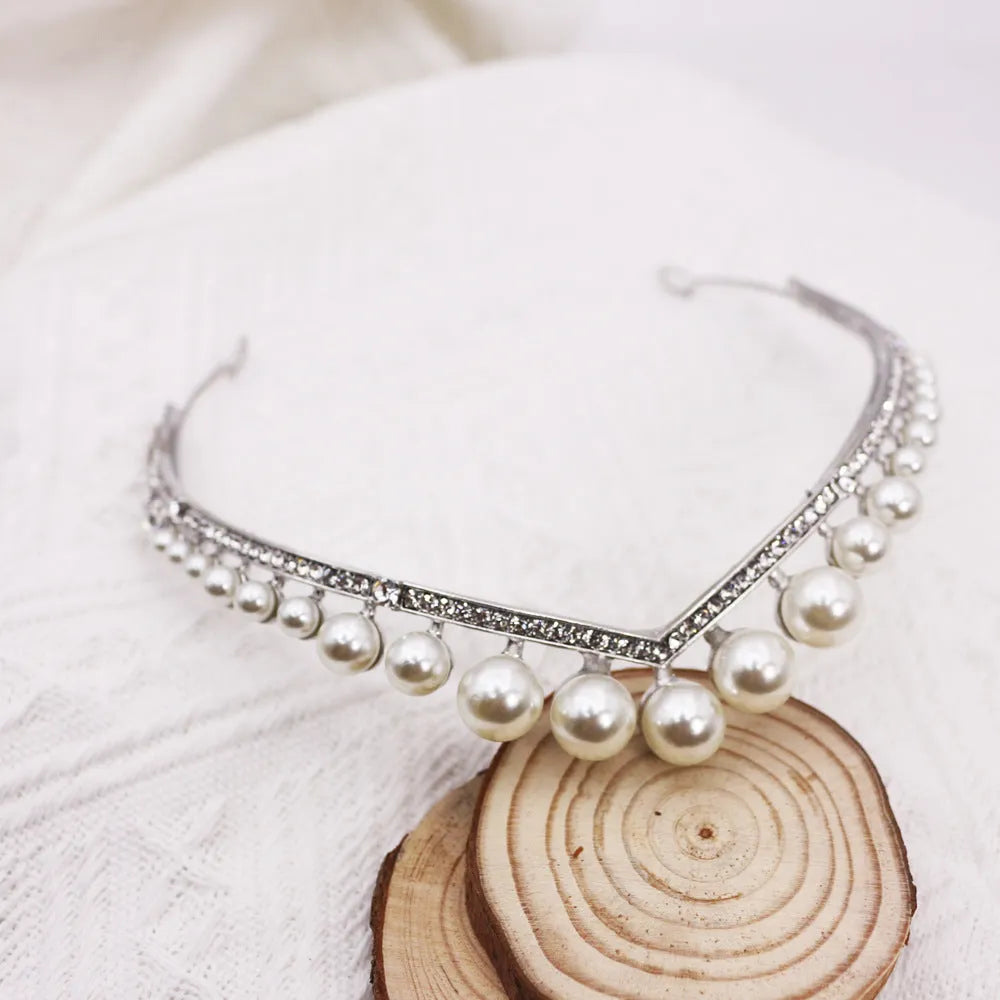 Silver alloy wedding crown with pearl decoration, 13 cm diameter, 3 cm height