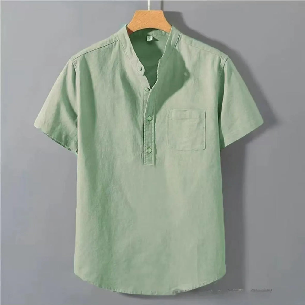 Men's casual stand collar short sleeve linen shirt in solid colour
