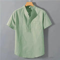 Men's casual stand collar short sleeve linen shirt in solid colour