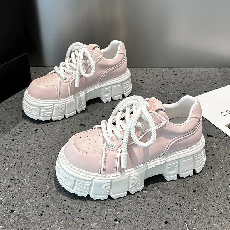 Beige leather casual shoes with muffin bottom spring design for height increase