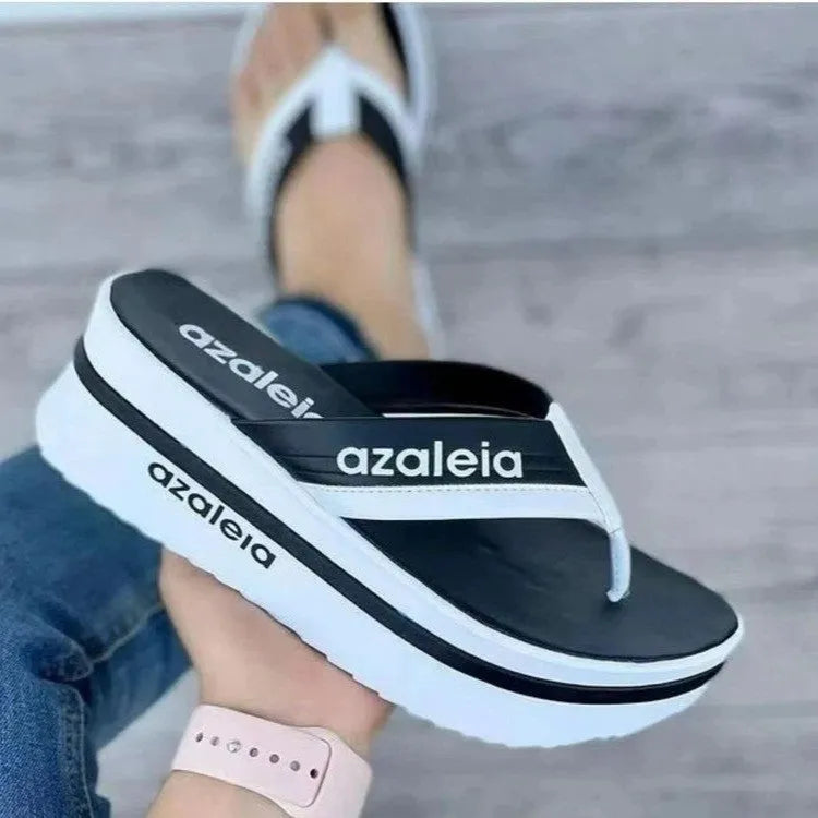 Women's summer platform slippers in black, champagne or light green with herringbone toe holder design