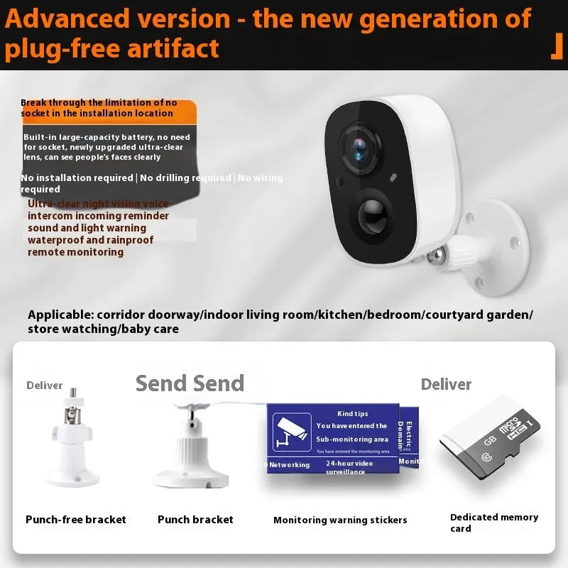 Wireless indoor security camera with compact ball design and built-in mounting bracket