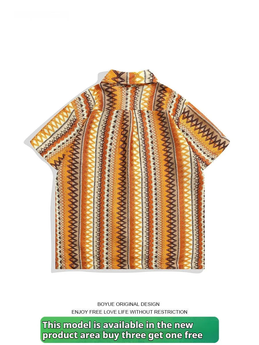 Ethnic pattern Cuban collar shirt in loose fit with contrasting colours and drop-shoulder sleeves