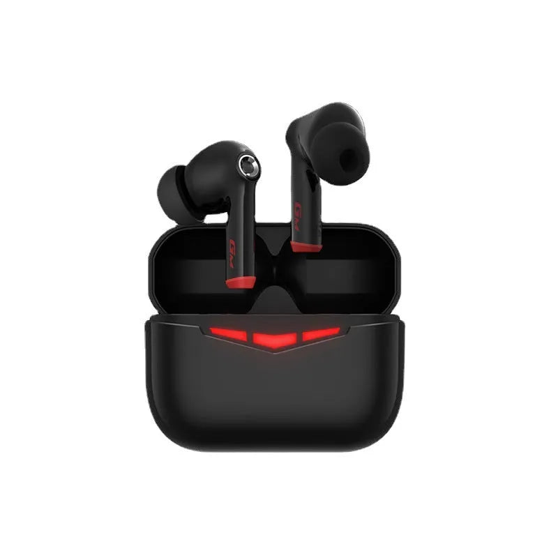 True wireless gaming Bluetooth headset in black with charging case and multiple ear tip sizes
