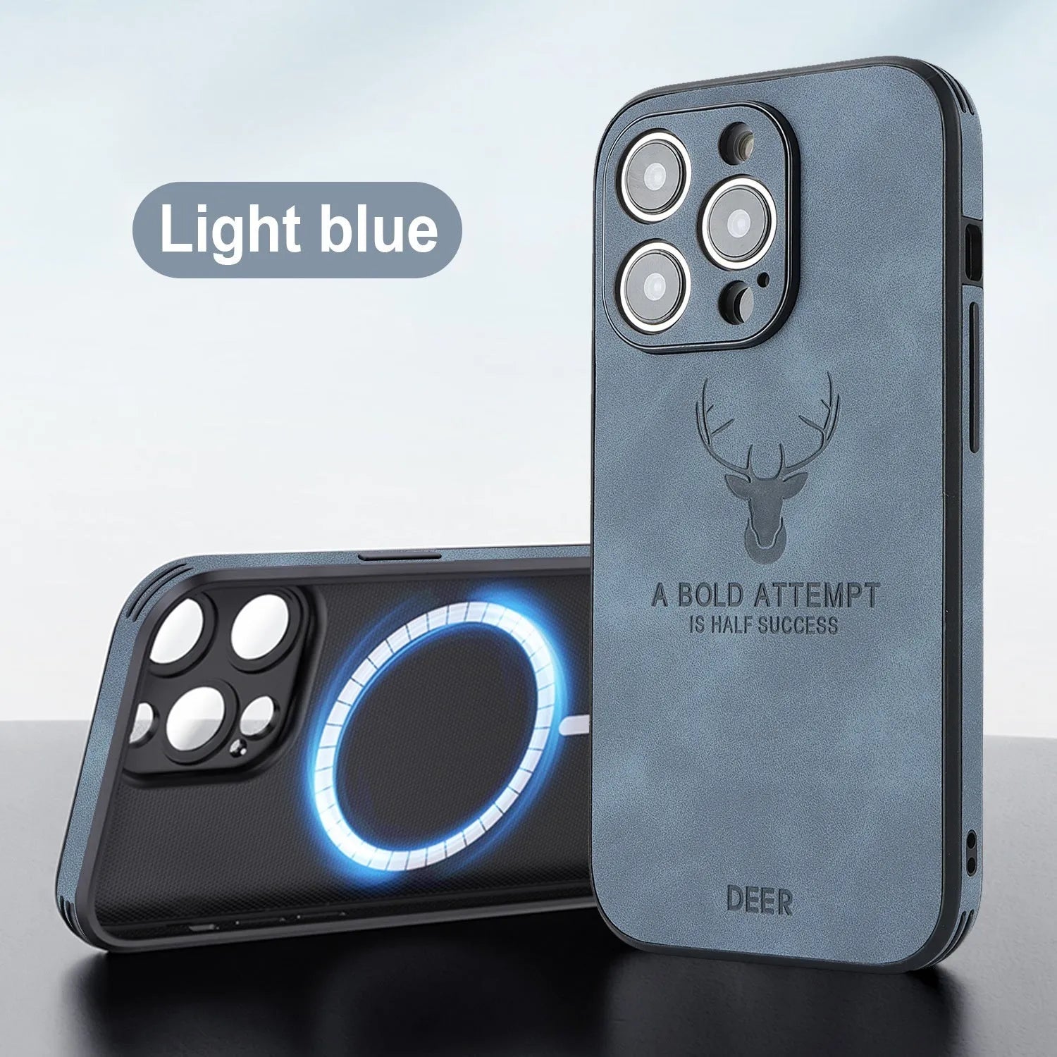 iPhone 16 magnetic charging case with embossed moose head design in imitation leather.