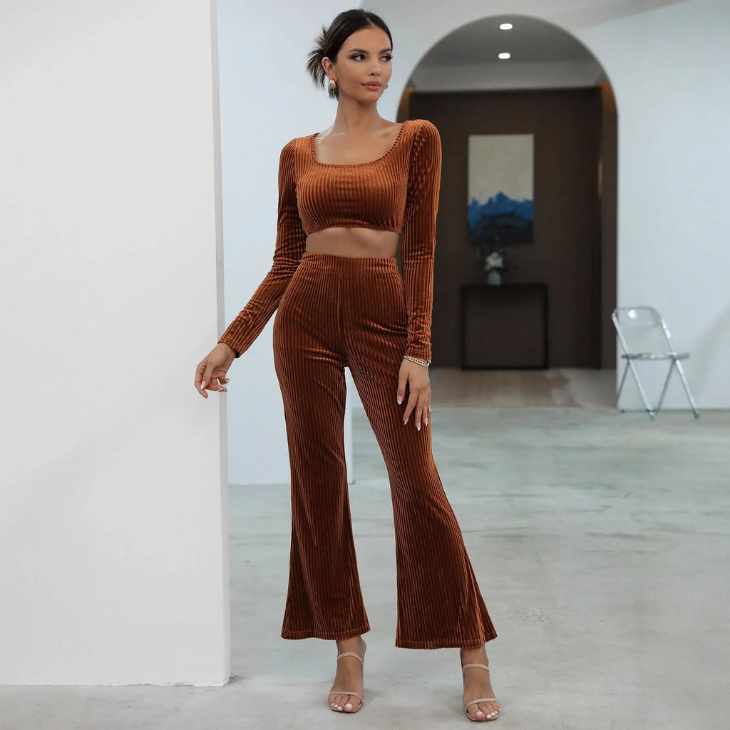 Caramel coloured long sleeve sweater and matching trousers casual set on hanger