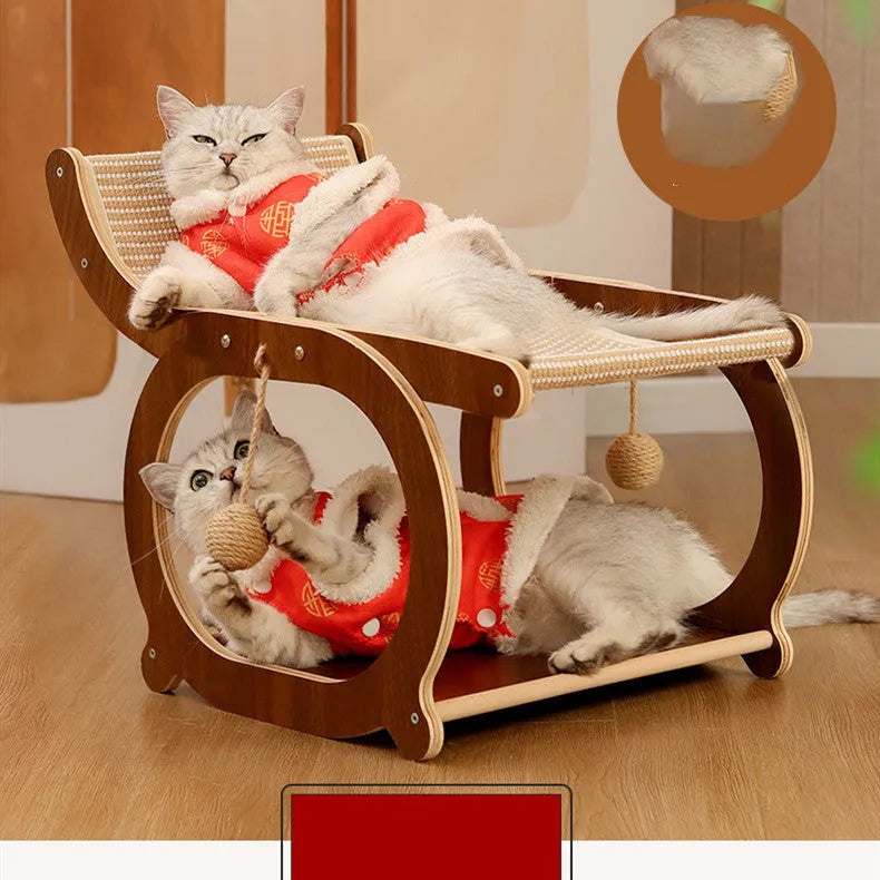 Solid wood sisal cat scratching mat in wood colour resting on floor