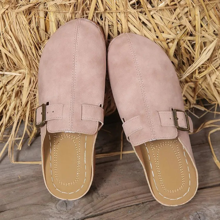 Women's casual wedge slippers with closed toe, cloth upper in multiple colours, and rubber sole.