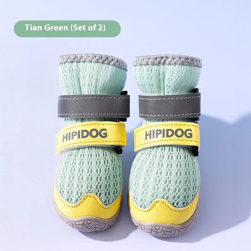 Cartoon style dog shoes in Bondi Blue and Dean Green colours for summer hot pavement protection