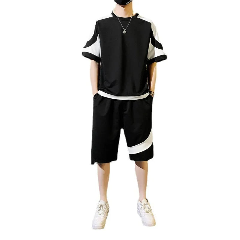 Men's summer casual suit with short-sleeved cotton blend T-shirt and matching nylon shorts in black and white sizes M to 4XL