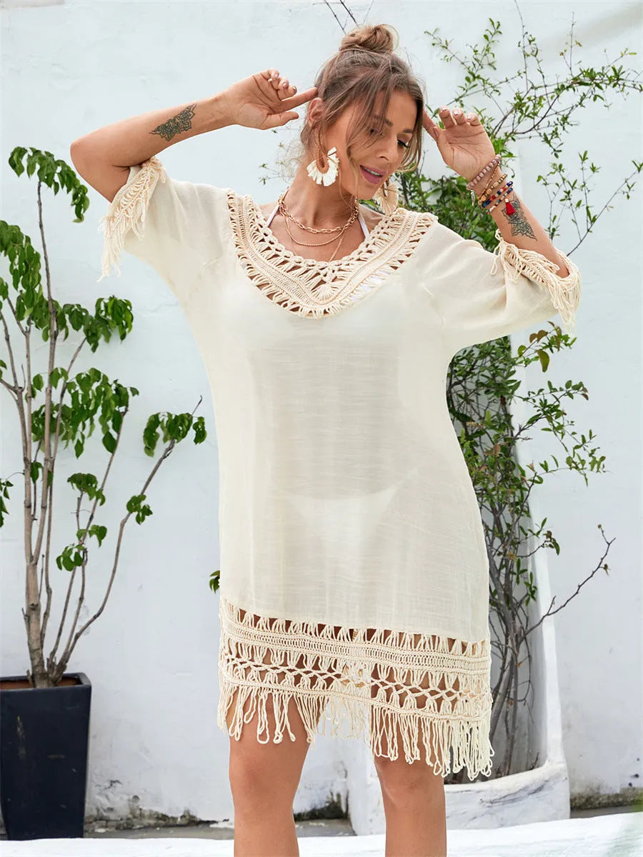 Women's apricot hand-crocheted beach dress with polyester lining for swimming and wading sports
