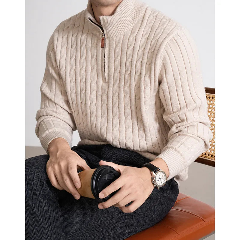 Men's solid colour half-height zip twisted sweater in oatmeal, long sleeves, cotton blend