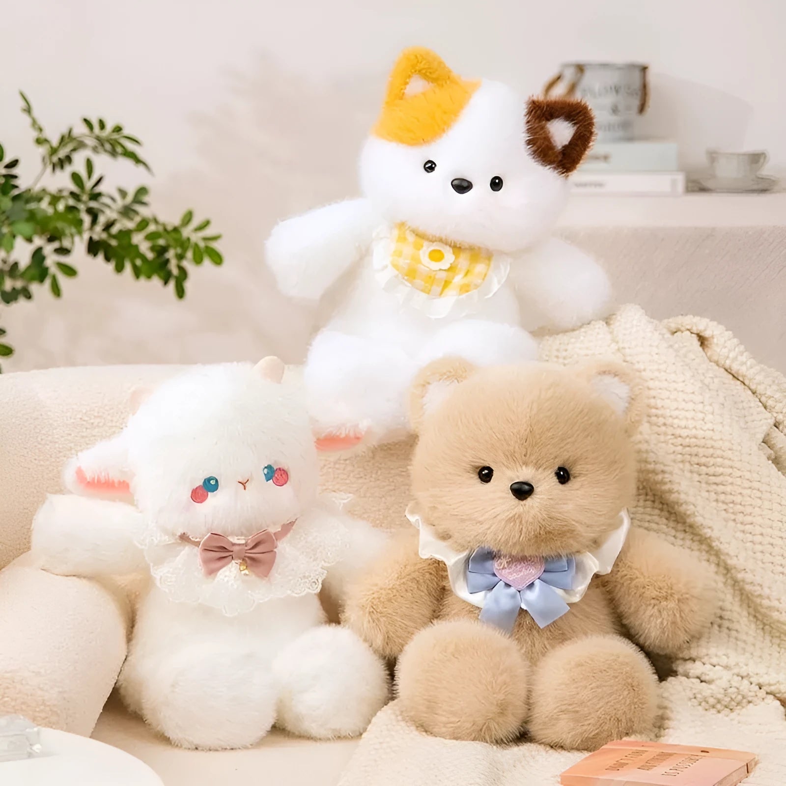 Three Flowers plush toy pillow 45cm in rabbit fur finish