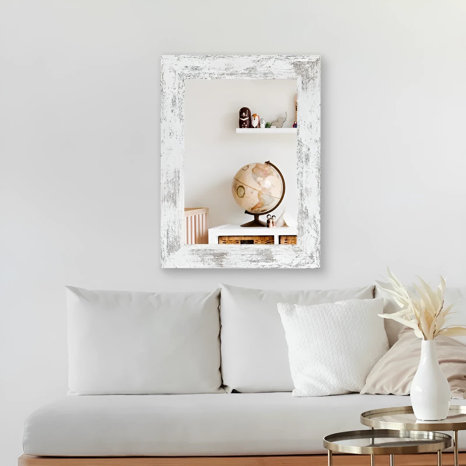 Pastoral style wall-mounted bathroom mirror with MDF frame in Small Old White colour
