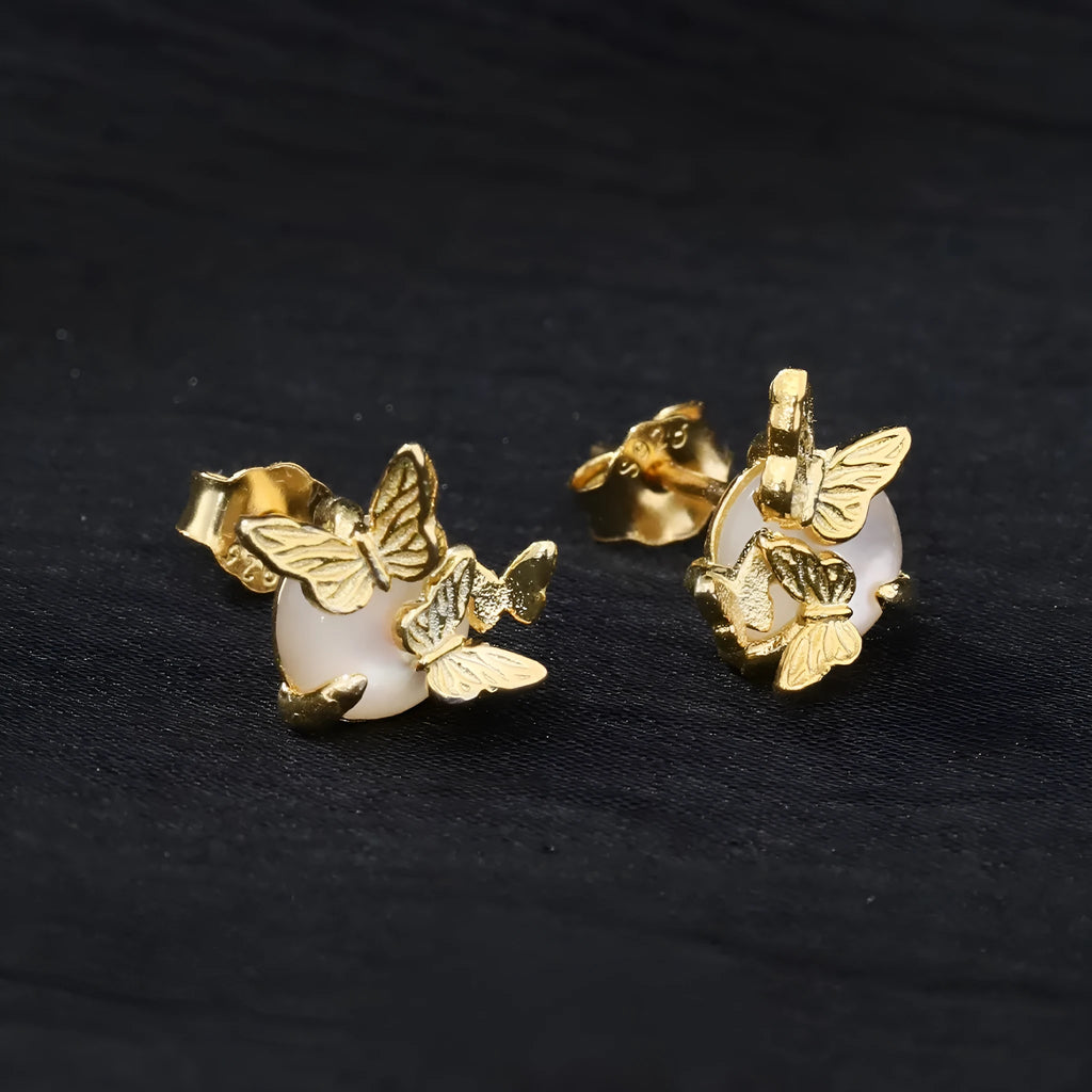 Butterfly ear studs in 925 silver with animal zodiac design and electroplated gold or white gold finish