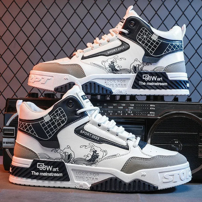 Men's high-top casual board shoes in beige, white, and blue colour options showing lace-up design