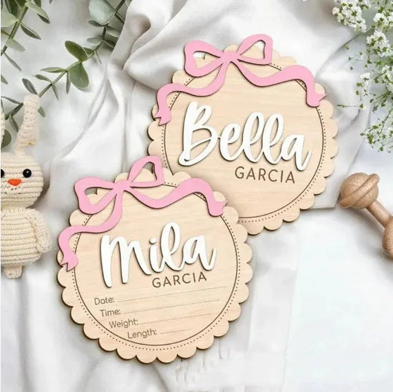 Square wooden baby room ornament with custom name text for wall decoration.