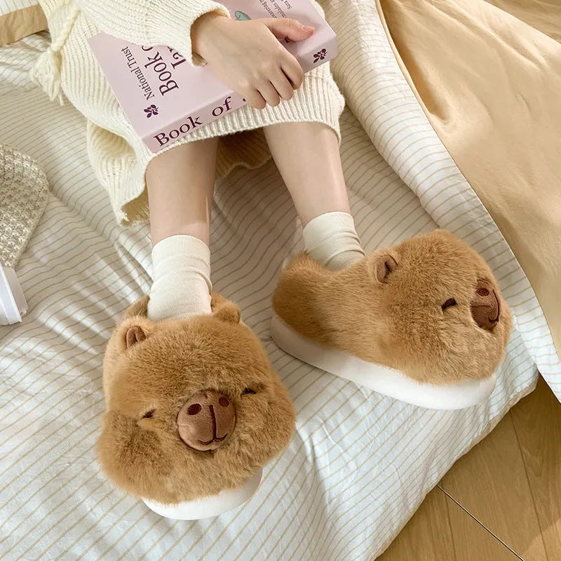 Light brown women's winter slippers with plush upper and artificial wool lining in adult sizes