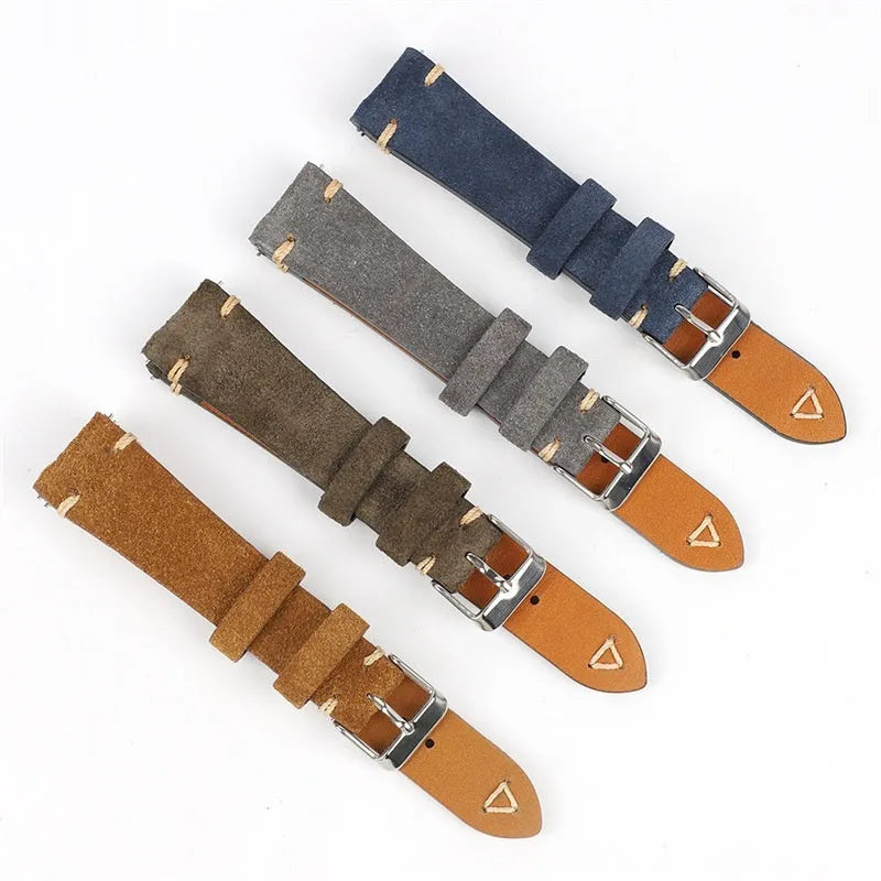 Suede genuine leather watch strap in brown, blue, gray, and Army Green colours for 20mm and 22mm watches