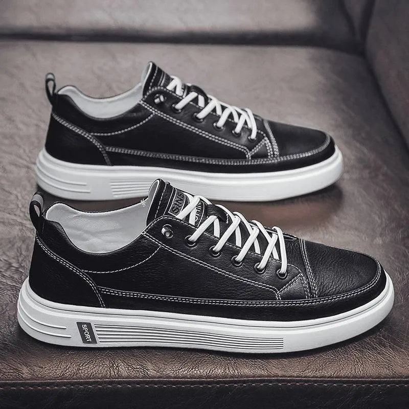 Men's white casual shoes with flat bottom and round toe design