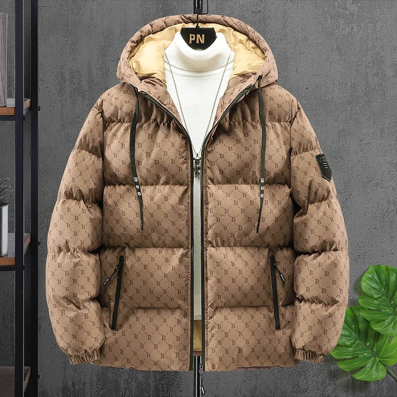 Men's winter casual hooded cotton coat in black, thickened padded cardigan style with side seam pockets