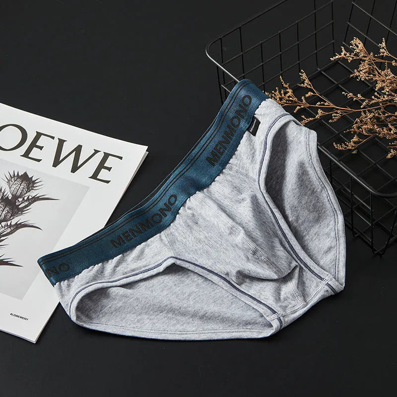 Men's low waist cotton briefs in a grey and red colour-block pattern.