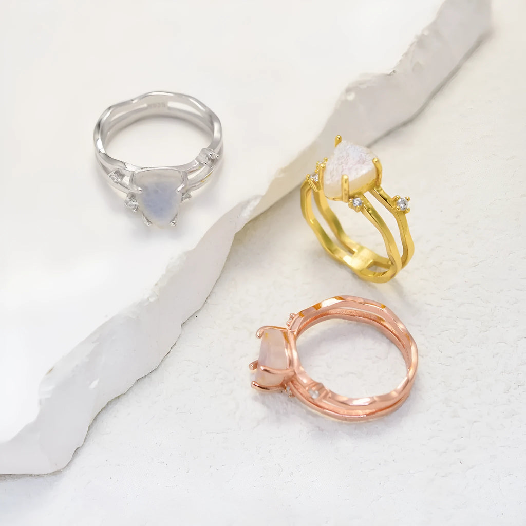 S925 silver irregular triangle moonstone ring in geometric design with electroplated finish