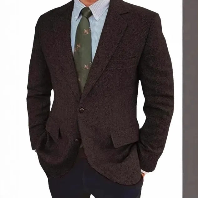Men's brown herringbone suit jacket with long sleeves and notch lapels, laid flat.