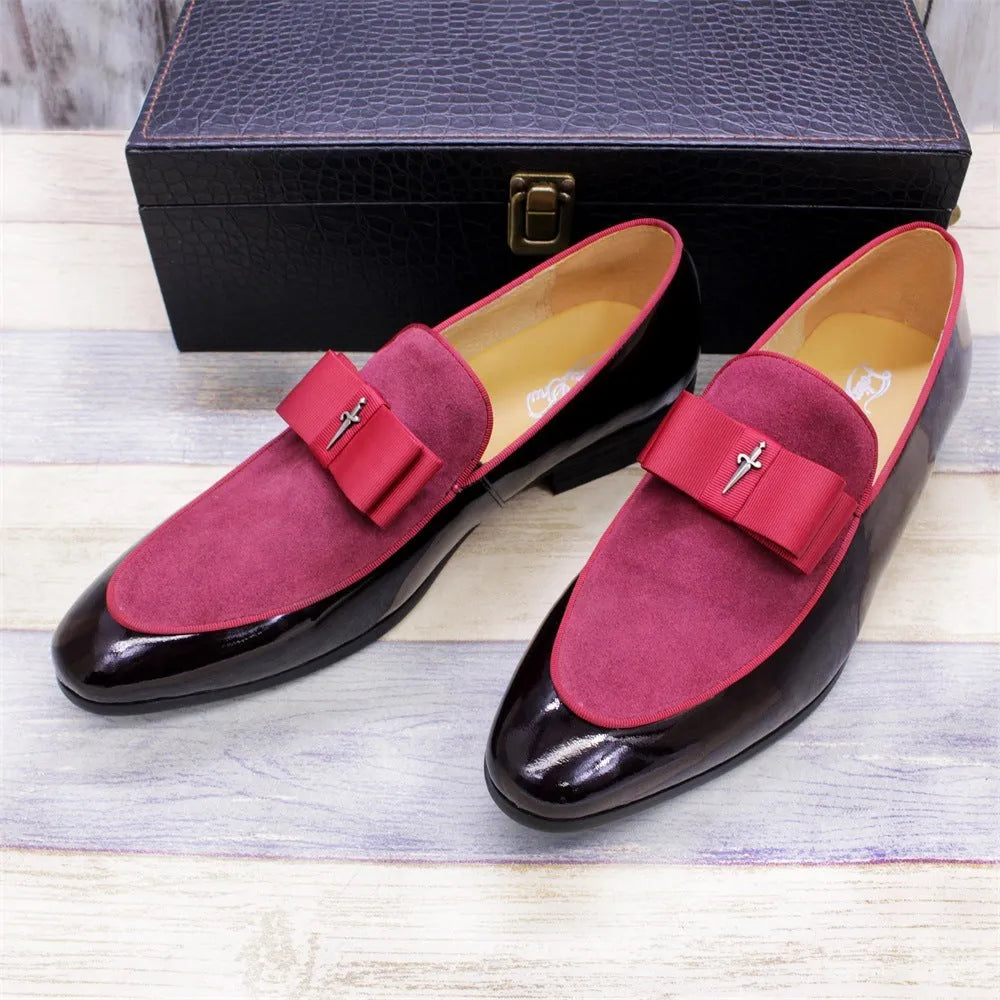 Men's low-top patent leather shoes with tassel detail in black, blue, brown, or red colours.