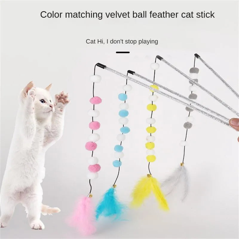 31cm long cat teaser rod with pompon feather and bell attachments in multiple colour options