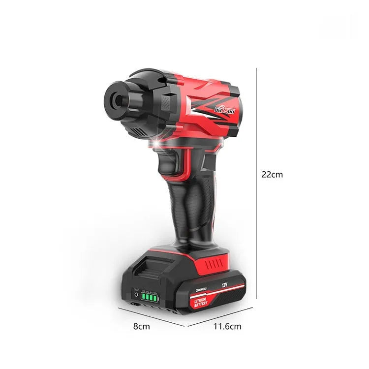 Red and black portable car air pump with cigarette lighter plug, multiple nozzles, and 3m power cable